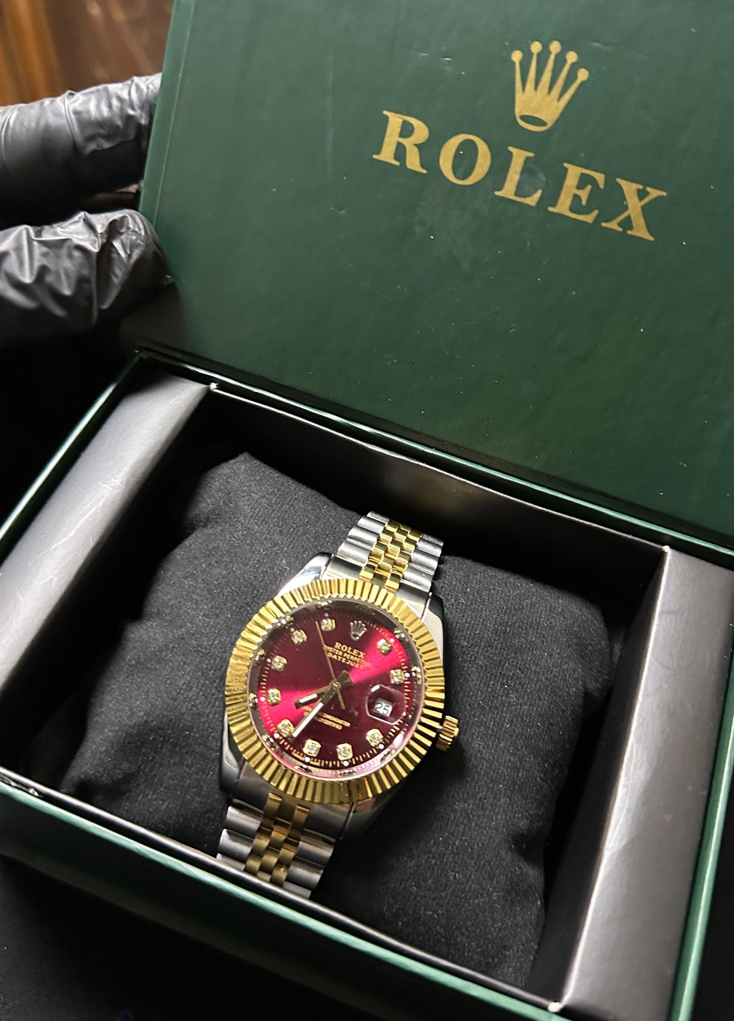 Rolex DateJust Silver Gold Double tone Red Dial